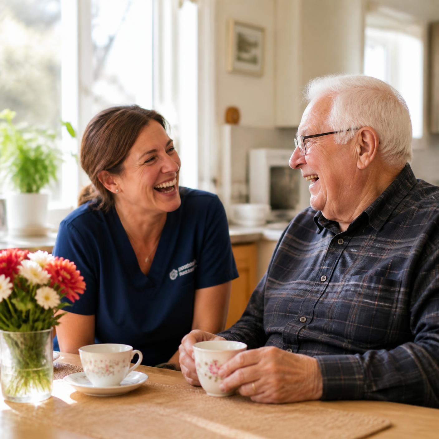 A caregiver laughing with an elderly Canadian man at his kitchen table