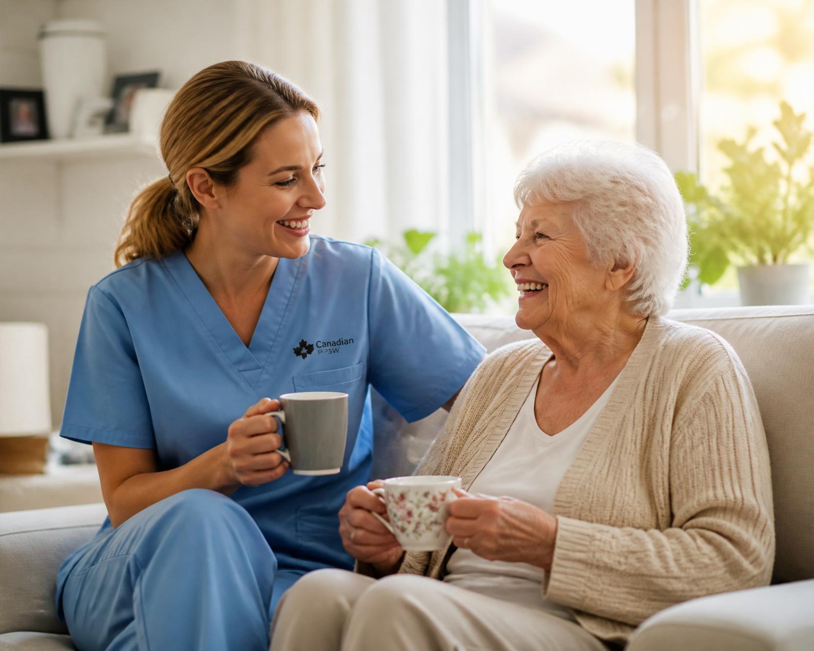 A caring personal support worker sharing tea with a smiling Canadian senior at home
